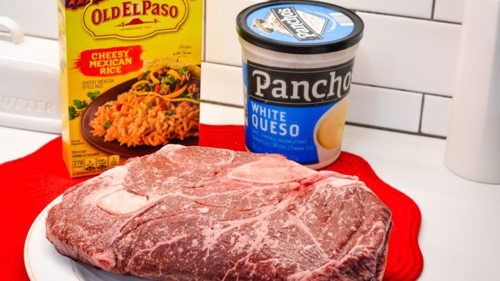 Arroz con carne asada ingredients - Mexican cheesy rice, steak, and queso.