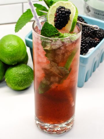 Top off with the mineral water. Garnish with a lime slice, blackberry, and mint leaves.