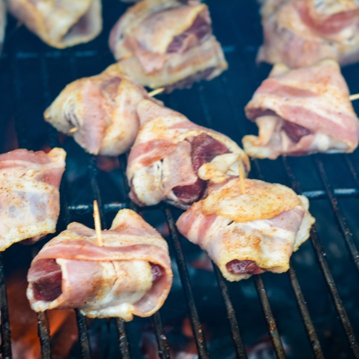 Place steak bites on a 350-degree grill and cook by rotating to each side of the steak bite.