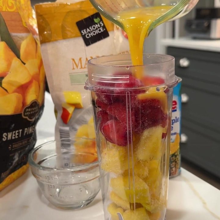 Pour the juices over the top of the frozen fruit.