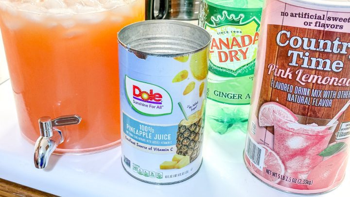 To whip up a pitcher of this refreshing Pineapple Lemonade, you'll need the following ingredients: Lemonade powder, pineapple juice, and ginger ale.
