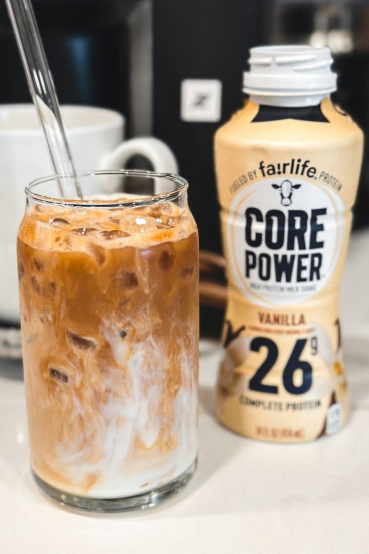 Iced Protein Vanilla Macchiato, a protein shake and coffee made with Nespresso Bianco Doppio and Fairlife Vanilla Power Core milk.