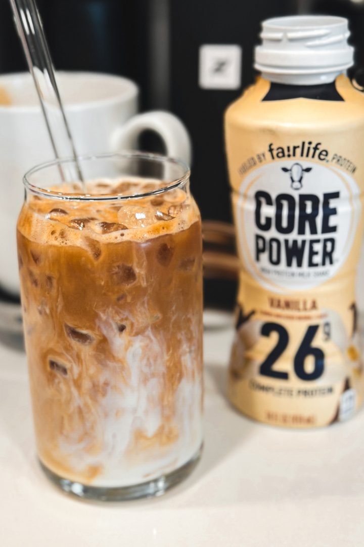 Iced Protein Vanilla Macchiato, a protein shake and coffee made with Nespresso Bianco Doppio and Fairlife Vanilla Power Core milk.