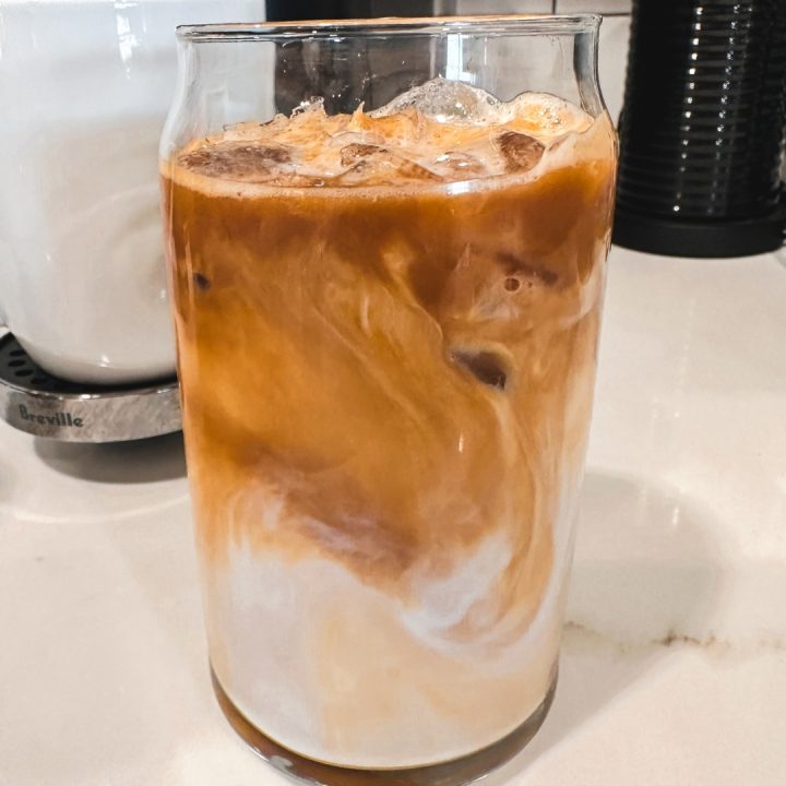 Iced Protein Vanilla Macchiato, a protein shake and coffee made with Nespresso Bianco Doppio and Fairlife Vanilla Power Core milk.