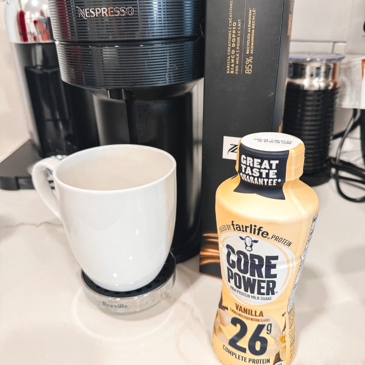 Iced Protein Vanilla Macchiato, a protein shake and coffee made with Nespresso Bianco Doppio and Fairlife Vanilla Power Core milk.