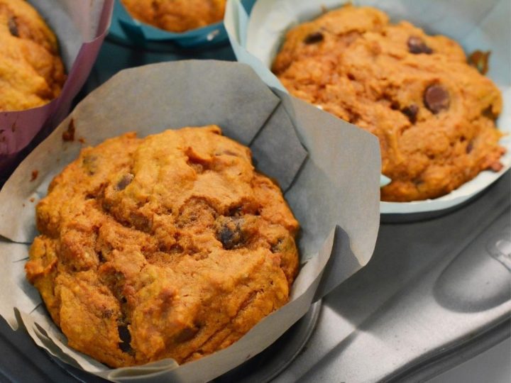 Pumpkin chocolate chip muffins made with a spice cake mix are easy to make with just four ingredients for a quick and easy fall treat.