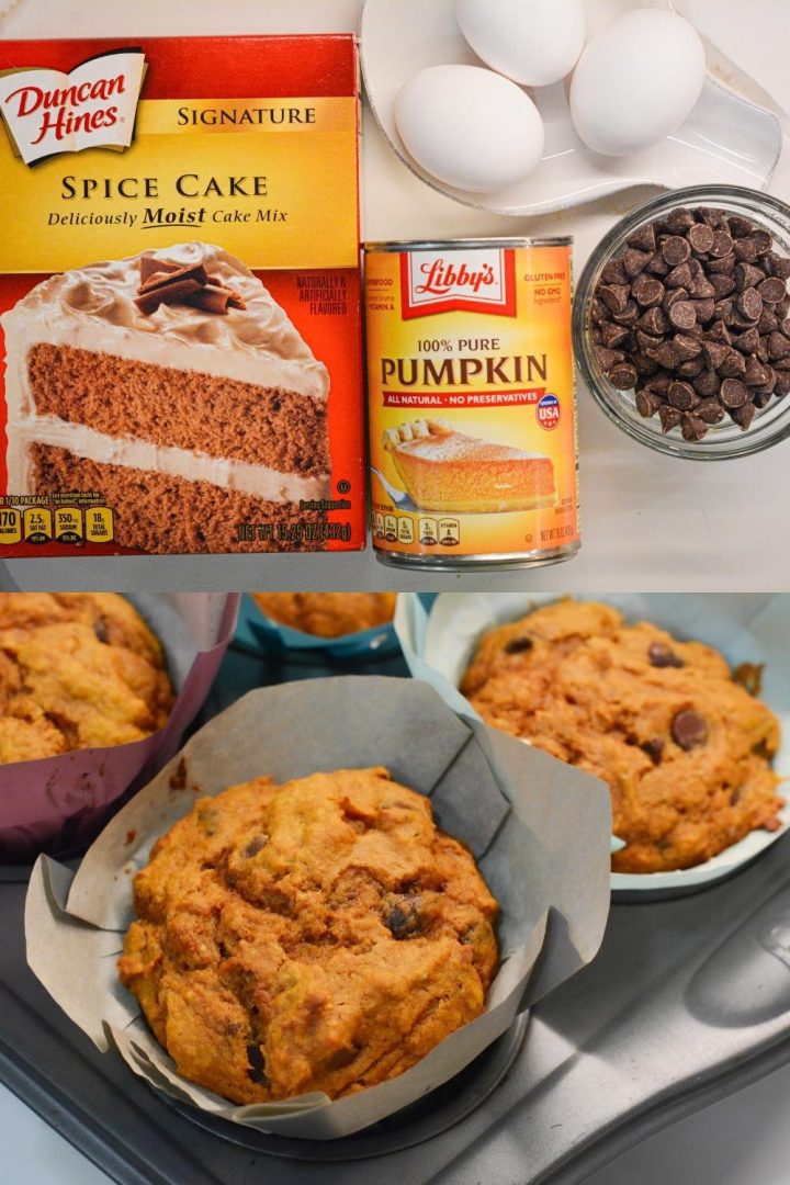 Pumpkin chocolate chip muffins made with a spice cake mix are easy to make with just four ingredients for a quick and easy fall treat.