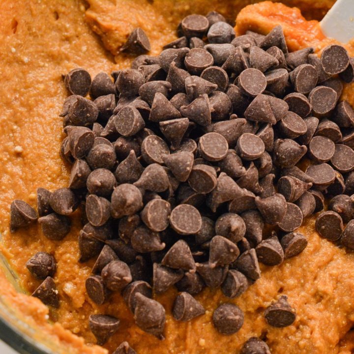 Add the chocolate chips to the pumpkin muffin batter.