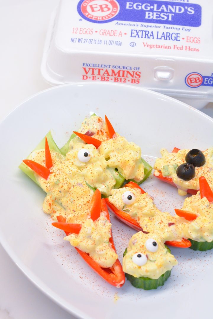 Make Halloween snacking spooky and nutritious with this devilish egg salad stuffed veggies where you can have finger foods packed with protein too.