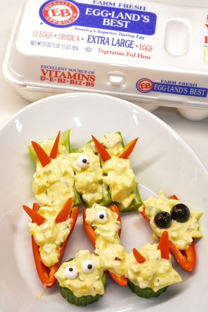 Make Halloween snacking spooky and nutritious with this devilish egg salad stuffed veggies where you can have finger foods packed with protein too.