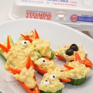Make Halloween snacking spooky and nutritious with this devilish egg salad stuffed veggies where you can have finger foods packed with protein too.