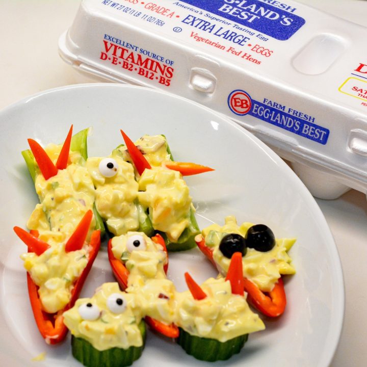 Make Halloween snacking spooky and nutritious with this devilish egg salad stuffed veggies where you can have finger foods packed with protein too.