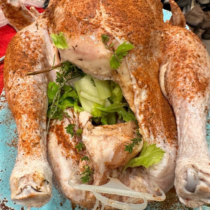 Coat the turkey with a light layer of butter or olive oil and generously season with chicka licka bam bam chicken seasoning and any other desired spices.