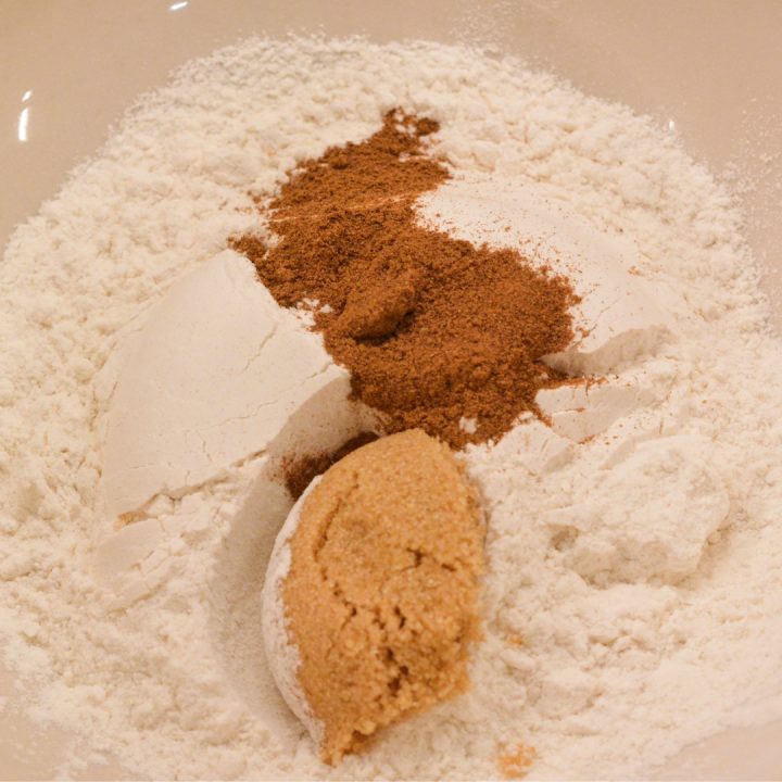 In a large bowl, whisk together the pancake mix, brown sugar, and pumpkin pie spice.