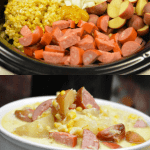 Add this simple corn chowder with smoked sausage to menu this week. This chowder is a cream based soup that slow cooks all day for an easy dinner for the family.