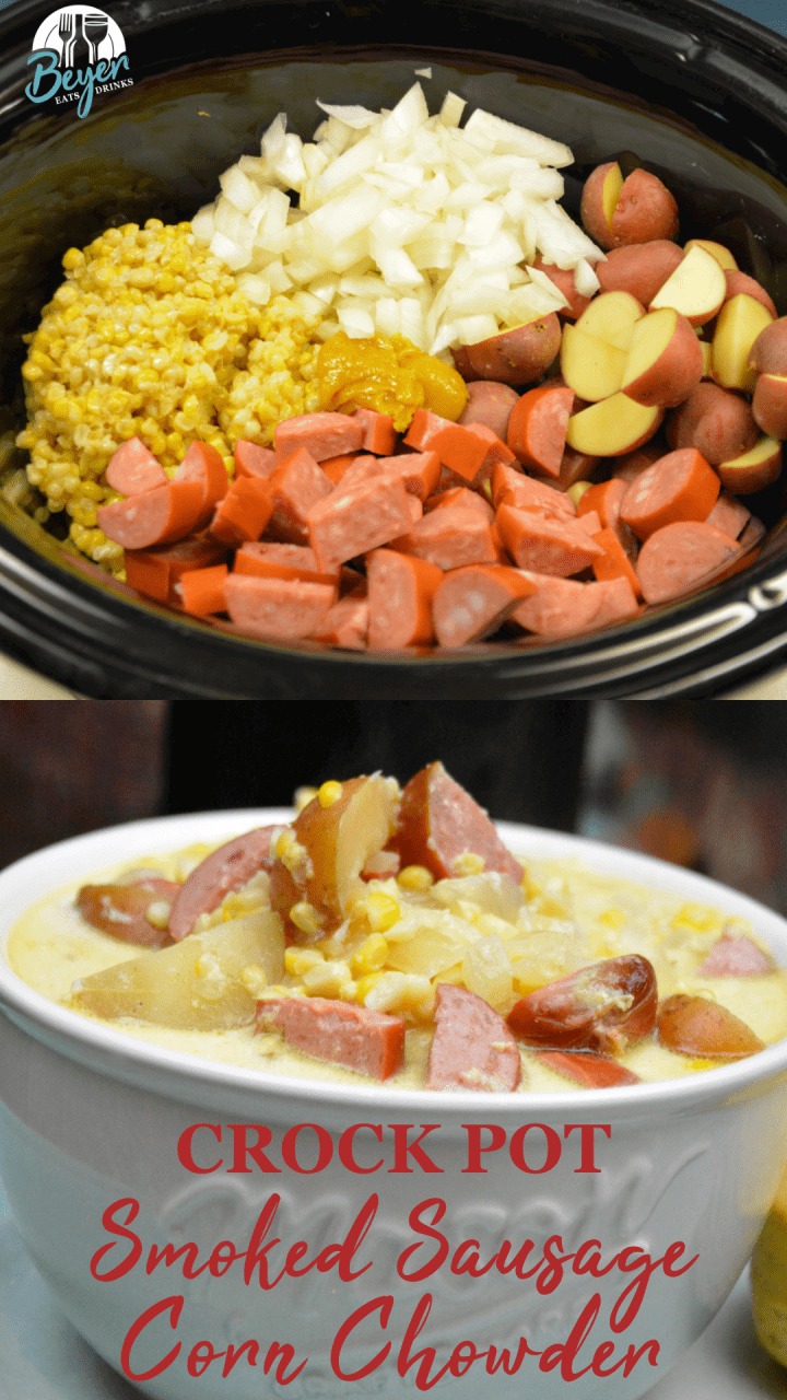 Add this simple corn chowder with smoked sausage to menu this week. This chowder is a cream based soup that slow cooks all day for an easy dinner for the family.