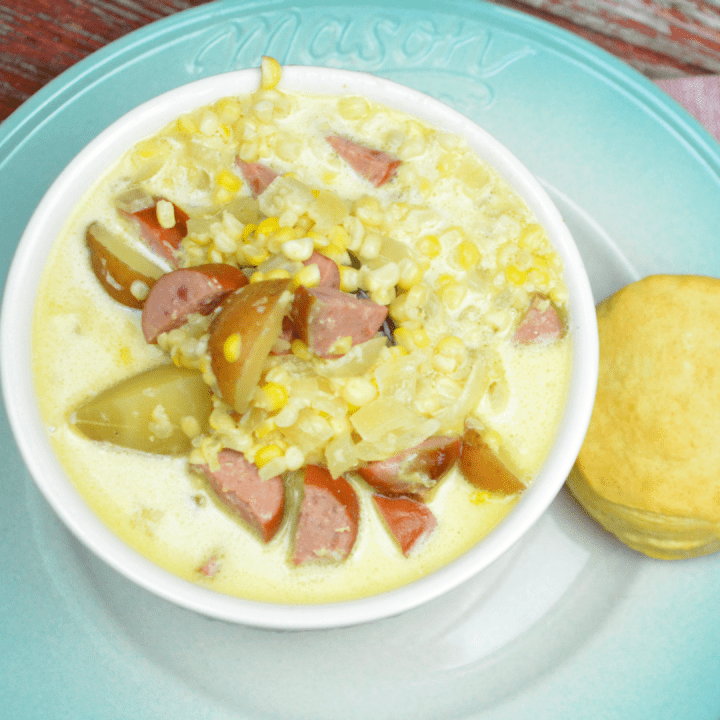 Add this simple corn chowder with smoked sausage is a cream based soup that slow cooks all day for an easy dinner for the family.