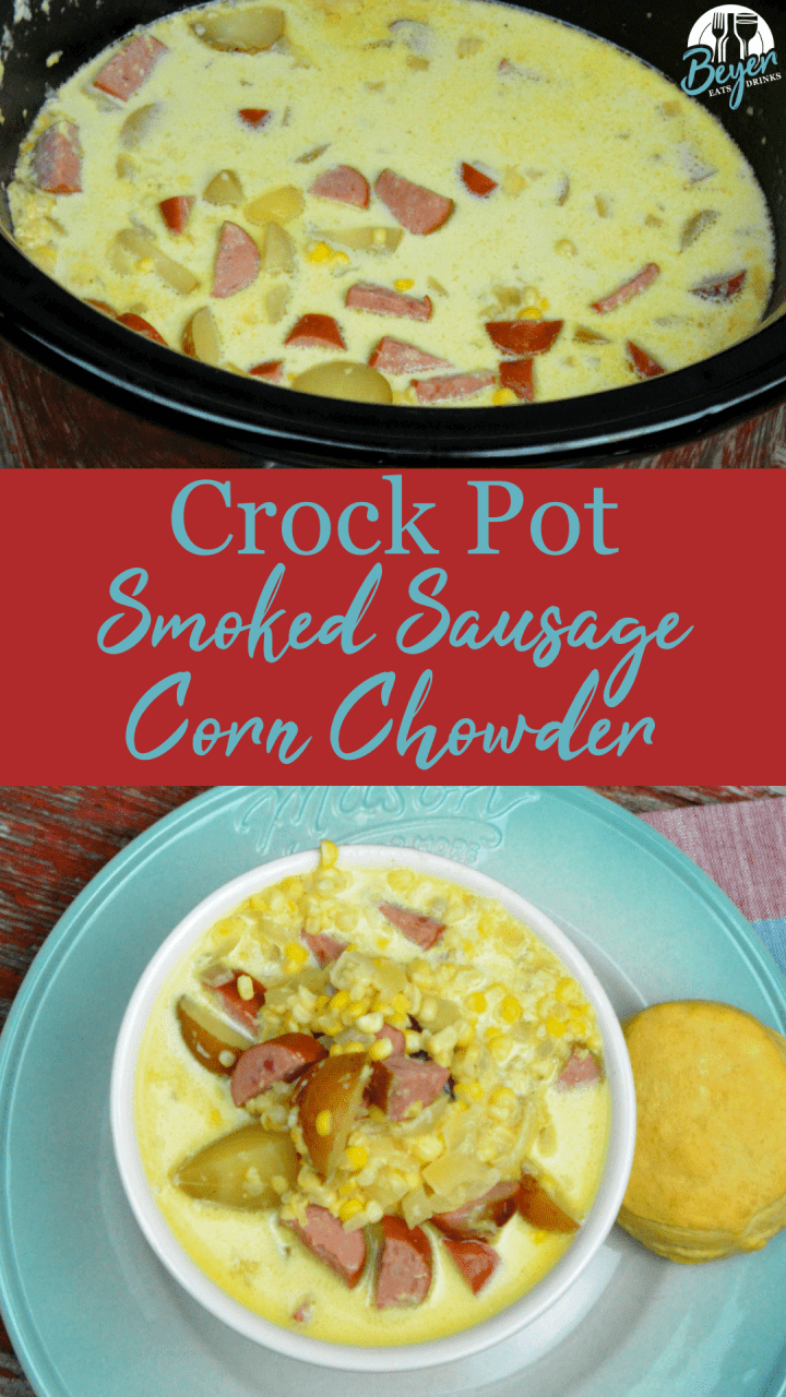 Crock Pot smoked sausage corn chowder is a cream-based soup with smoked sausage, corn, potatoes, and onions for a hearty soup.