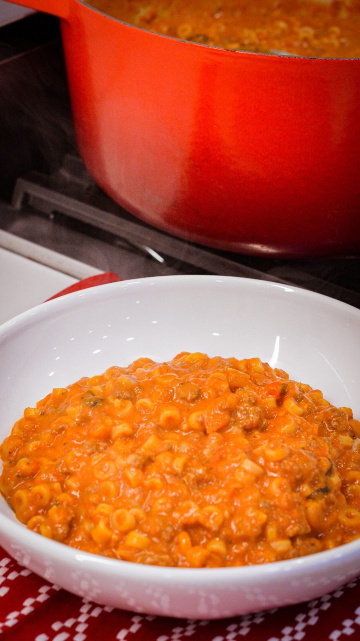 My version of homemade spaghettios uses tomato sauce, tender little pasta rings, bites of ground meat, cheese, and seasonings.