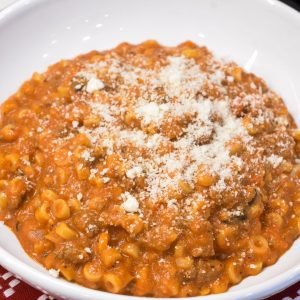 My version of homemade spaghettios uses tomato sauce, tender little pasta rings, bites of ground meat, cheese, and seasonings.