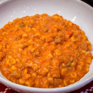 My version of homemade spaghettios uses tomato sauce, tender little pasta rings, bites of ground beef, cheese, and seasonings.