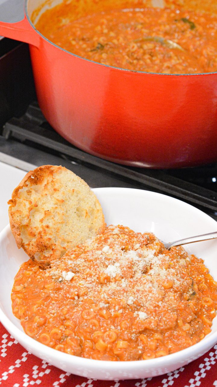 My version of homemade spaghettios uses tomato sauce, tender little pasta rings, bites of ground meat, cheese, and seasonings.