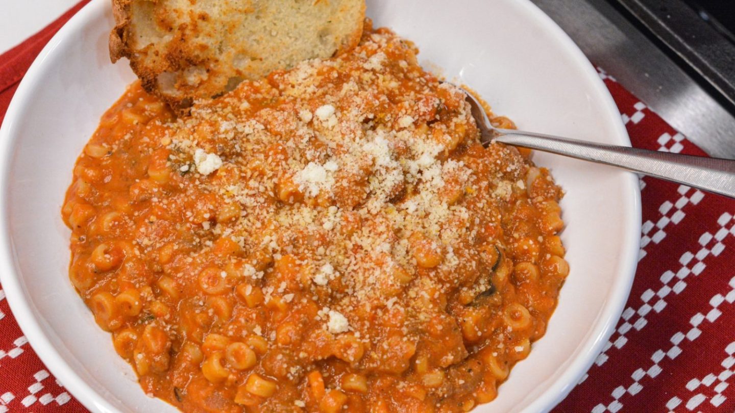 My version of homemade spaghettios uses tomato sauce, tender little pasta rings, bites of ground beef, cheese, and seasonings.