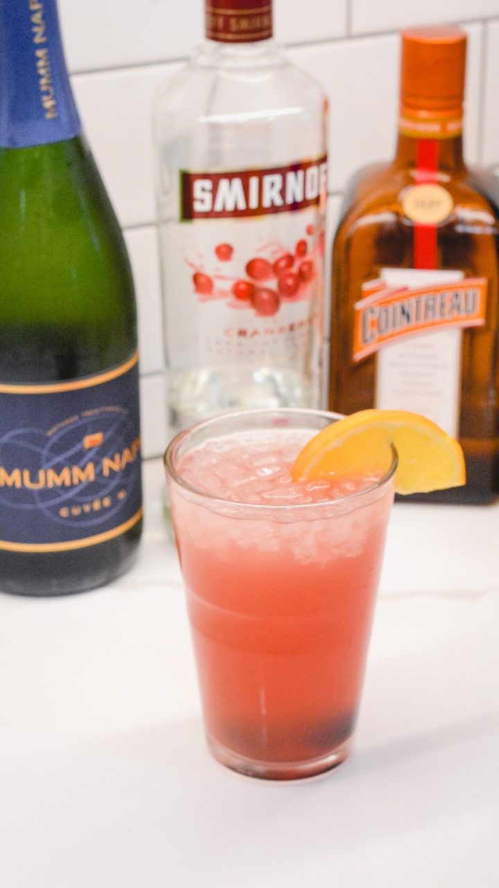 The Cranberry Orange Champagne Cocktail is a fruity cocktail that champagne with vodka, orange liqueur, cranberry juice and orange juice. 