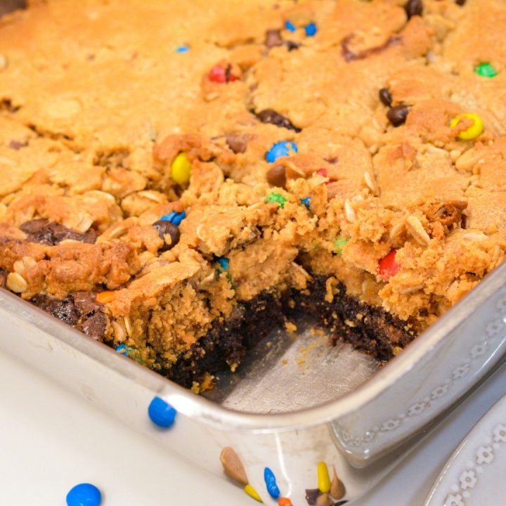 Cut the fudgy brownie monster cookie bars into large or small squares. 