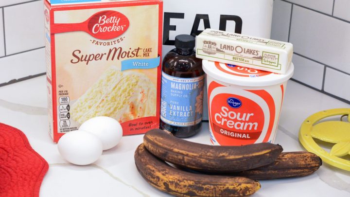 Banana bar ingredients - 
White cake mix, eggs, bananas, butter, sour cream, vanilla.