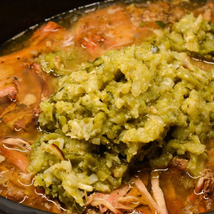 Pour the pureed green sauce and white beans over the pork. Season with salt and black pepper to your taste, stir to combine and cook on low for an additional hour.