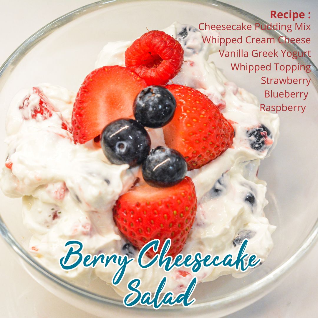 This easy Berry Cheesecake Salad recipe is made with cheesecake pudding mix, cream cheese, vanilla Greek yogurt, whipped topping, and fresh berries. A creamy no-bake dessert salad perfect for summer parties, potlucks, and holidays!