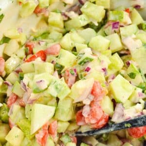 Cucumber salsa mixed with creamy dressing in a large bowl