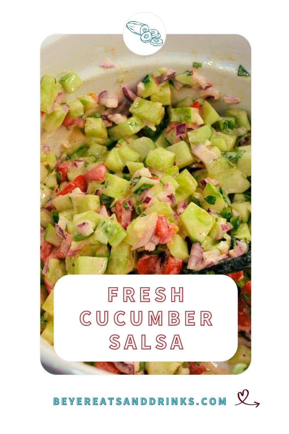 Spoon scooping fresh cucumber salsa for serving with chips