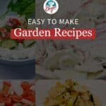 Easy to make garden recipe images of cucumber salad, tomato sauce and squash casserole.